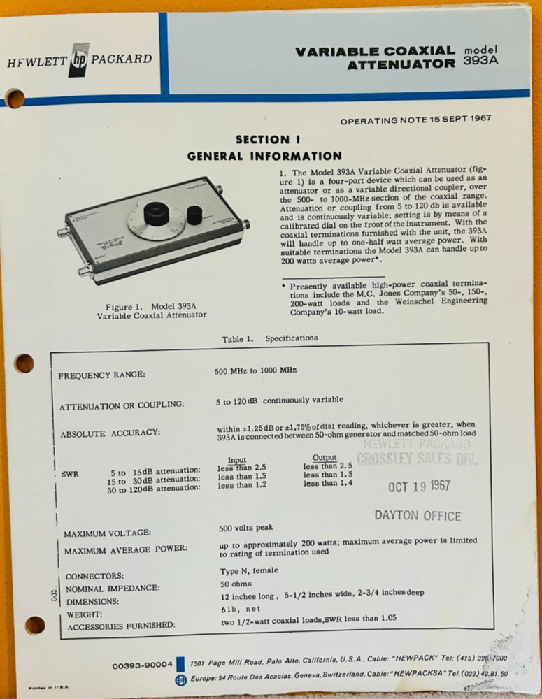 HP 00393-90004 Model 399A Variable Coaxial Attenuator Operating Note Manual.