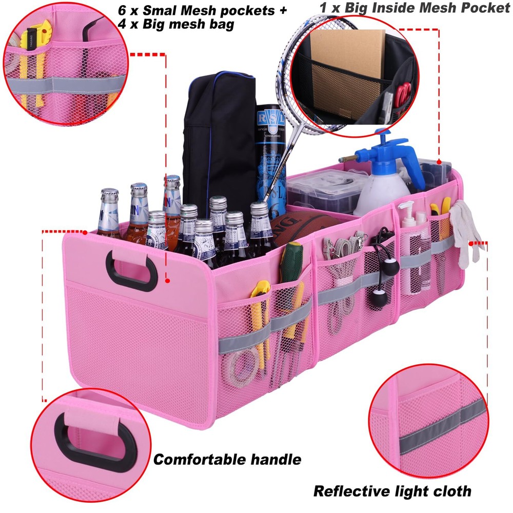 Large Collapsible Trunk Organizer With Multi Pockets 3 Compartments Storage Orga
