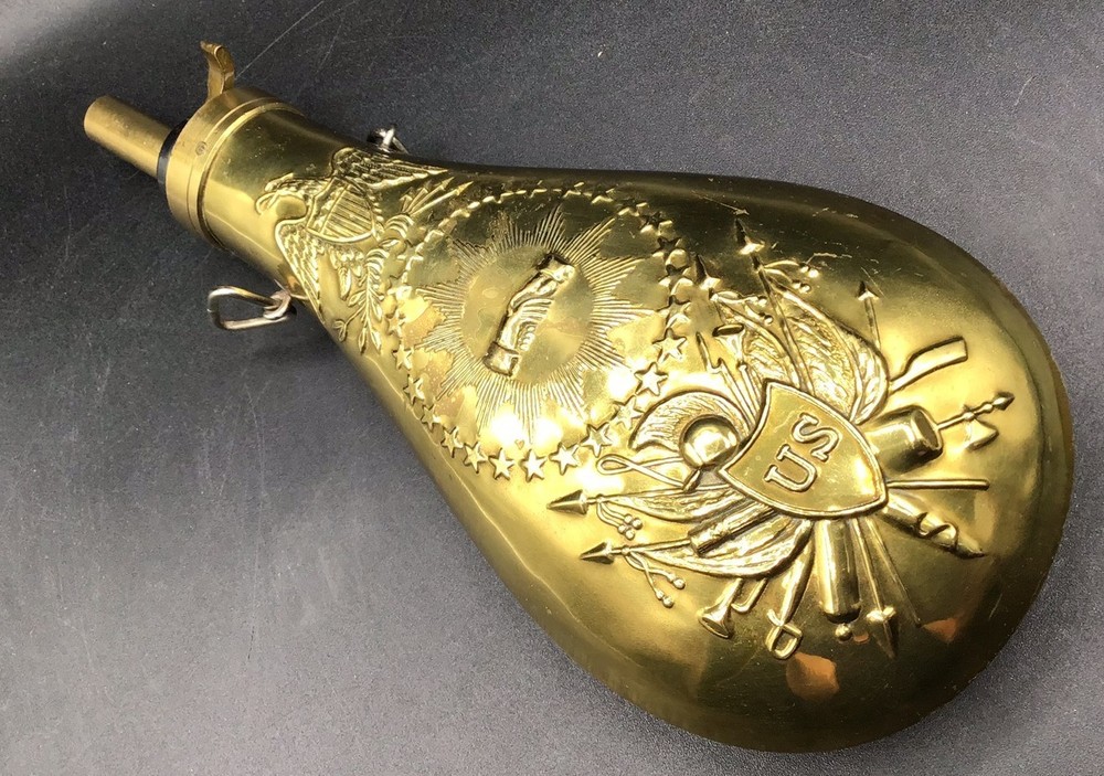 Brass Peace Pattern Powder Flask 9" x 4" U.S. Shield, Eagle & Clasped Hands