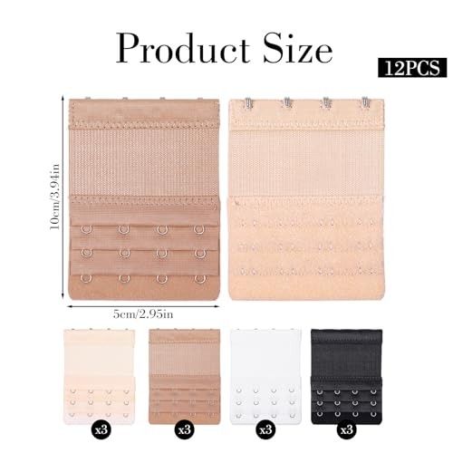 12PCS Bra Extender 4 Hooks, Elastic Bra Strap Extender, 4 Hooks Plus Size Bra
