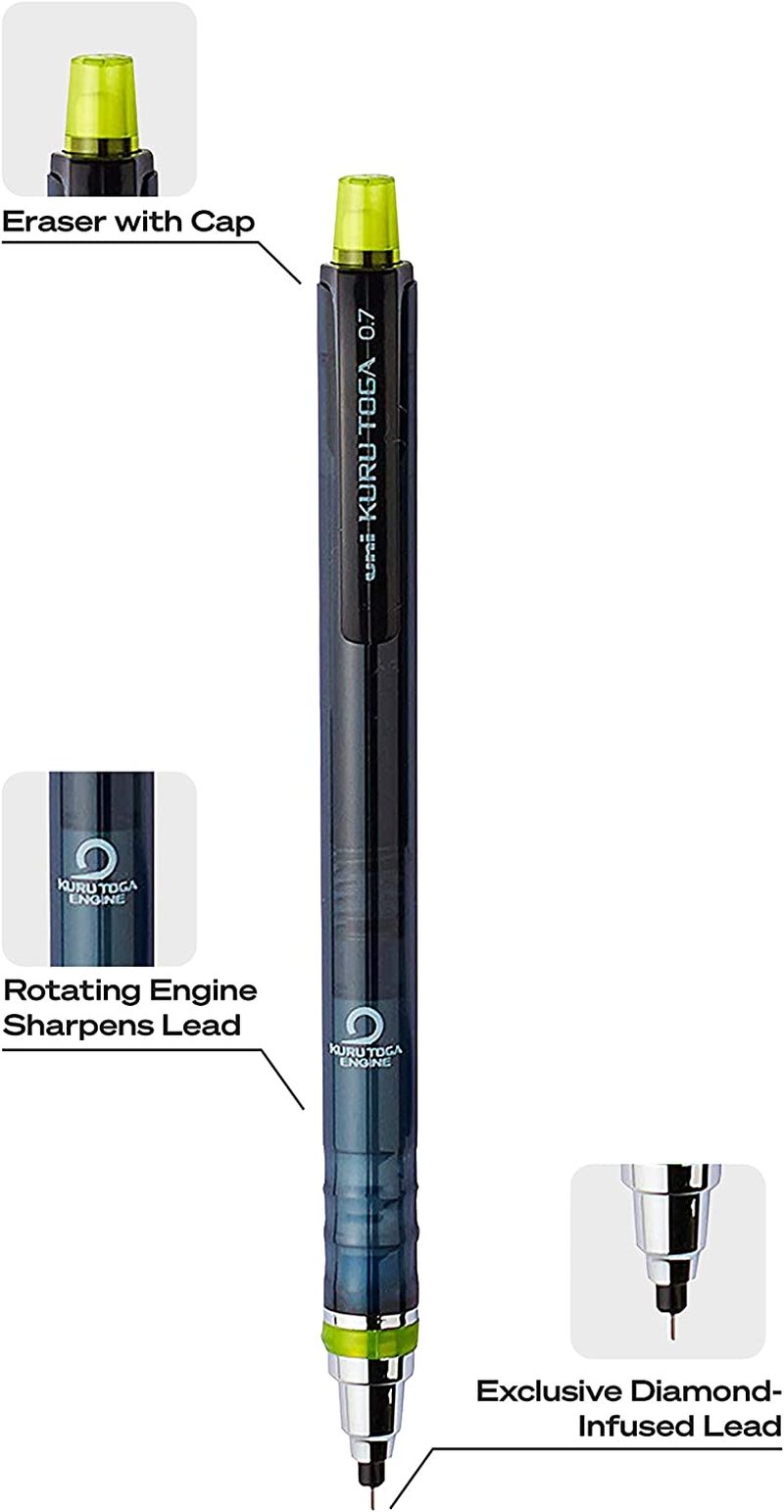 Kuru Toga Mechanical Pencil with 0.7 mm Lead Refills & Pencil Erasers HB #2