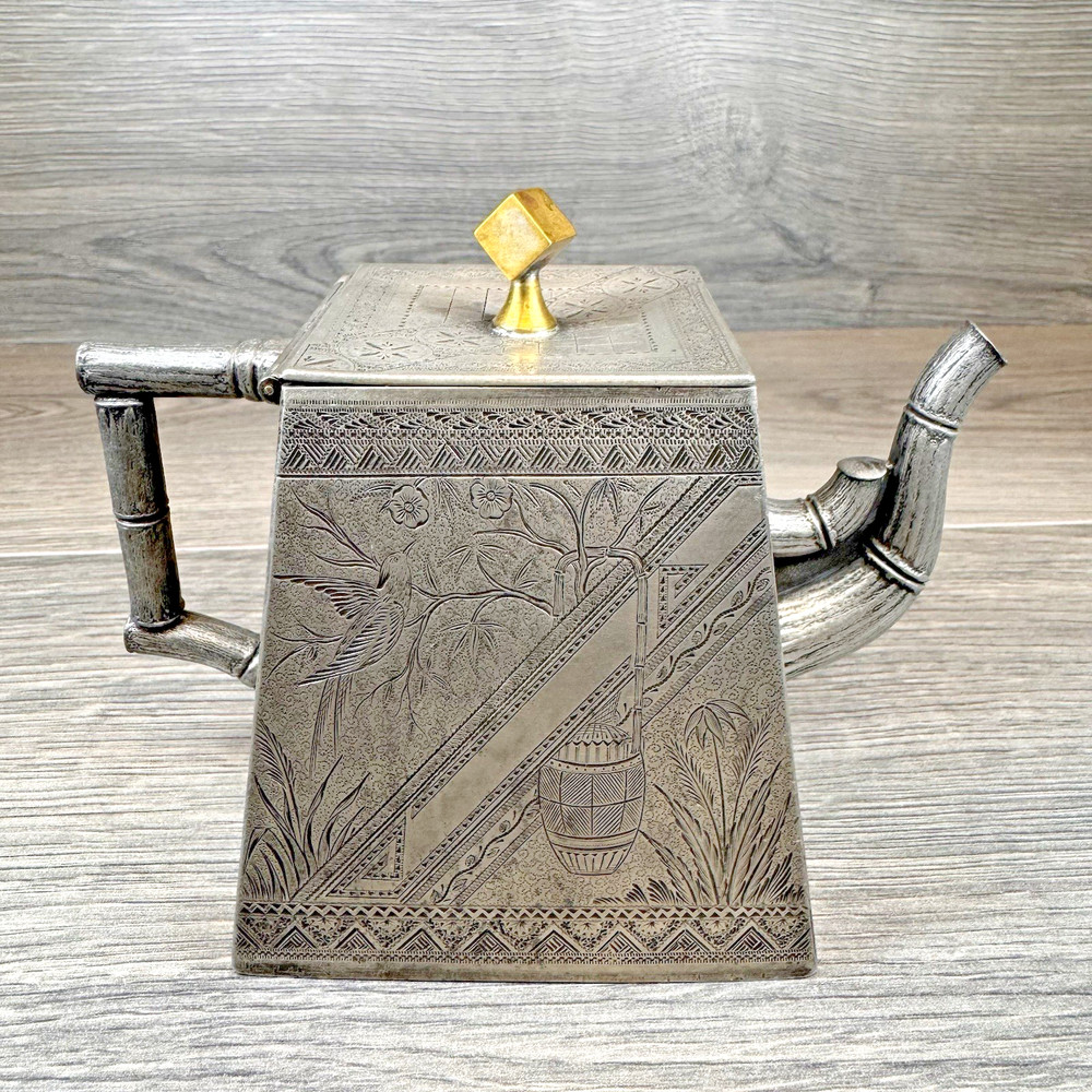 James W Tufts Silver Plated Cubist Square Aesthetic Movement Tea Set 1900