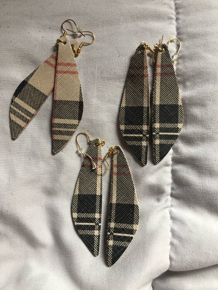 Handmade Leather Earring (Red Plaid, Silver Hook)