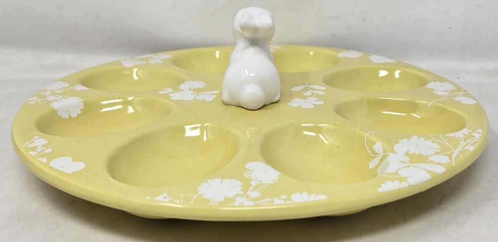 Yellow White Floral Bunny Rabbit Deviled Egg Plate Dish Server 8 Eggs Easter