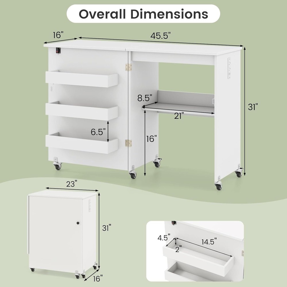 Sewing Machine Table with Charging Station and Lockable Casters White