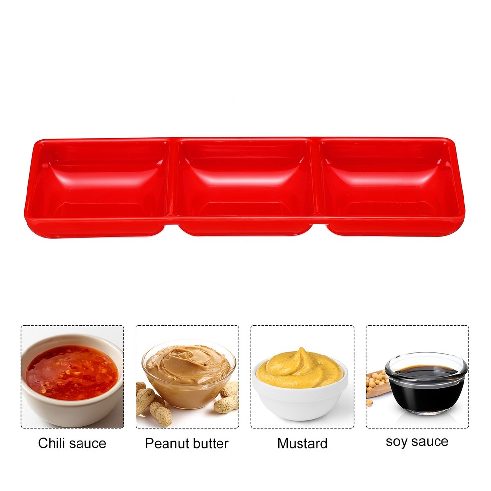 6Pcs Square Dipping Bowls Red with 3 Compartment Divided