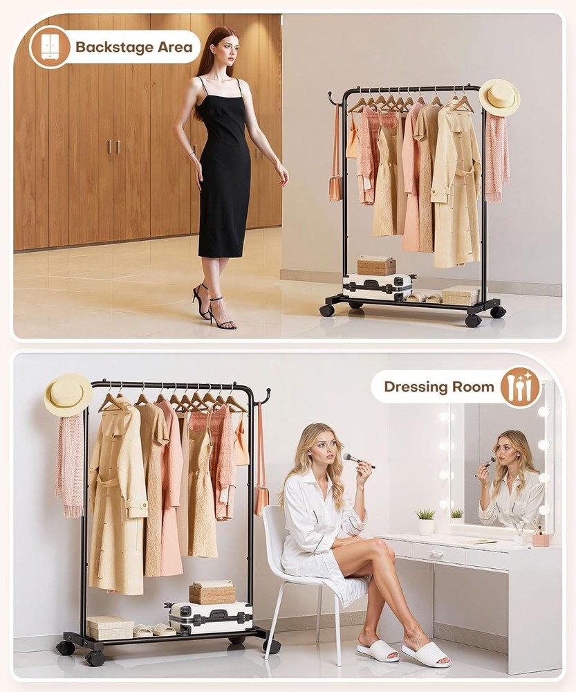 Adjustable Rolling Clothes Rack with Hooks - Heavy Duty Indoor Storage