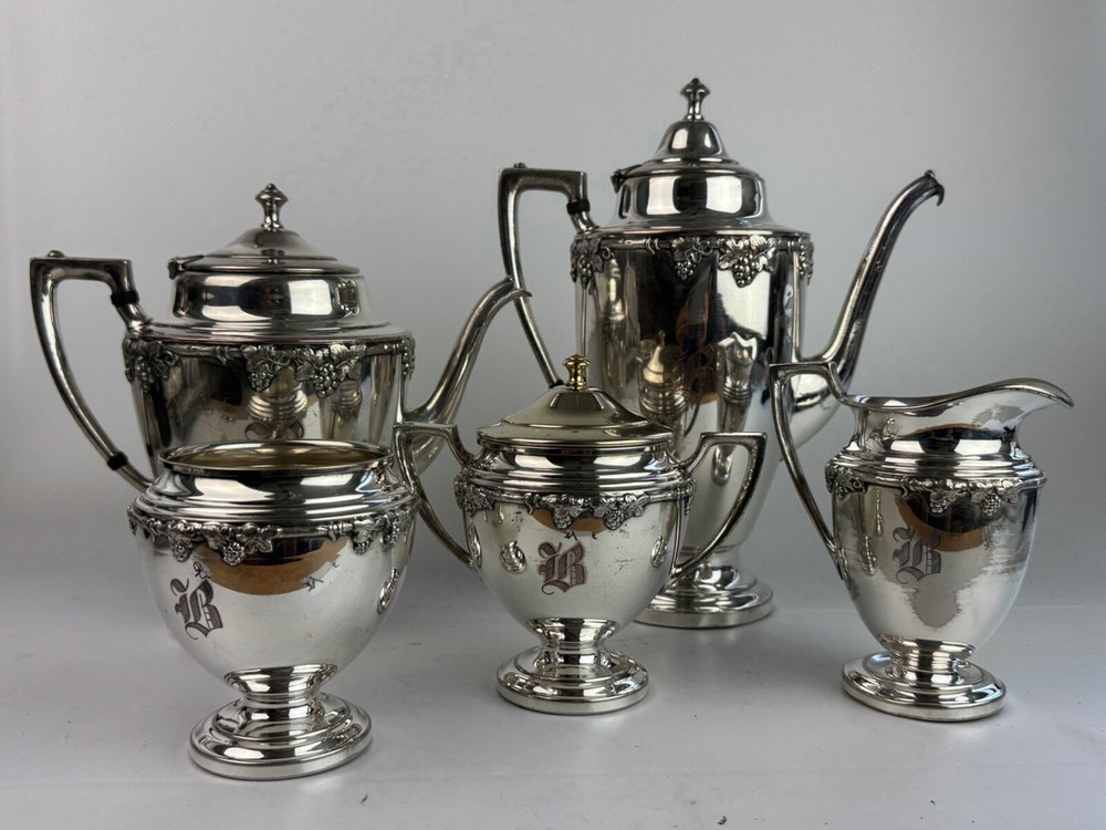CS Silver On Copper Grape Pattern Tea Set Monogram B
