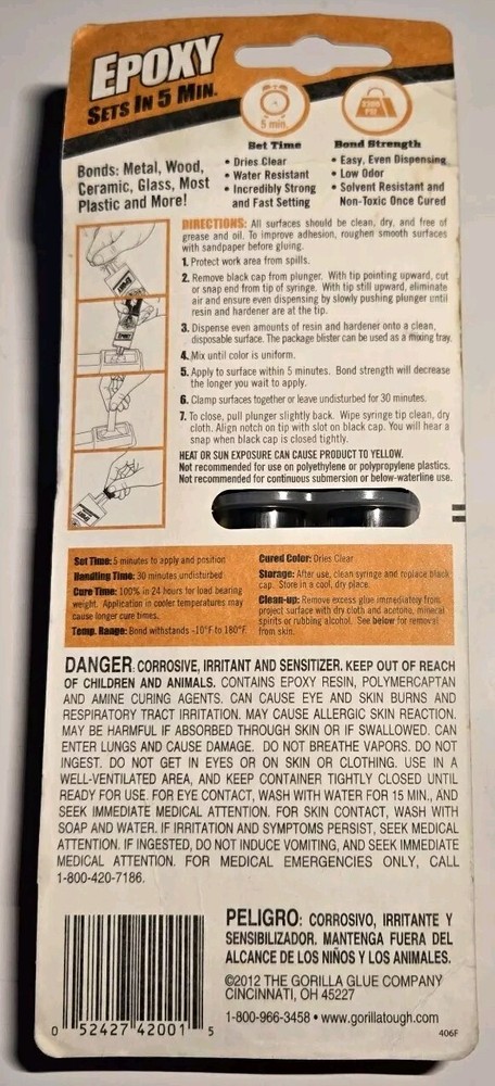 Gorilla Glue Epoxy Adhesive .85oz High Strength Dries Clear Multi Weather Proof