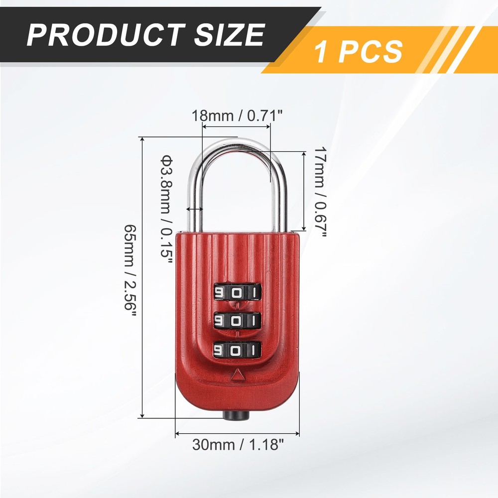 Resettable 3 Digit Combination Lock Code Padlock, Red (65 x 30mm)