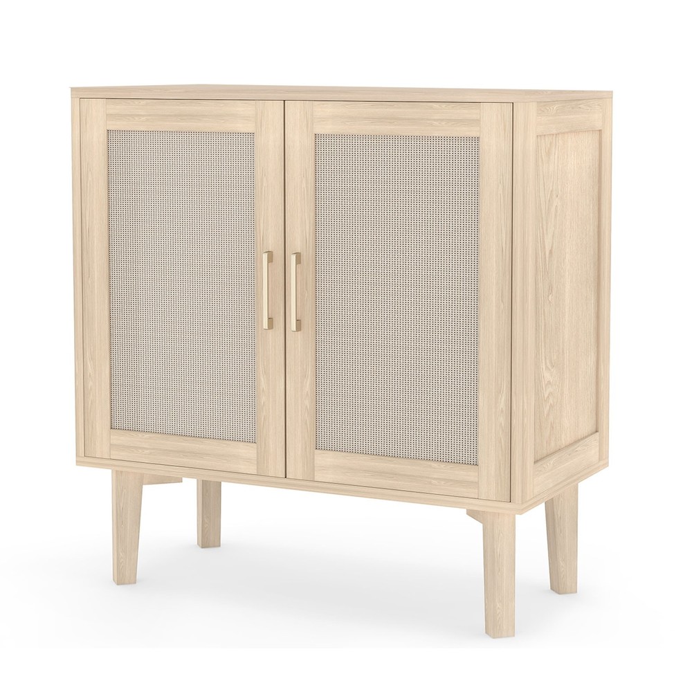 Buffet Cabinet With Rattan Decor Doors Solid Wood Feet Multifunctional PHPF