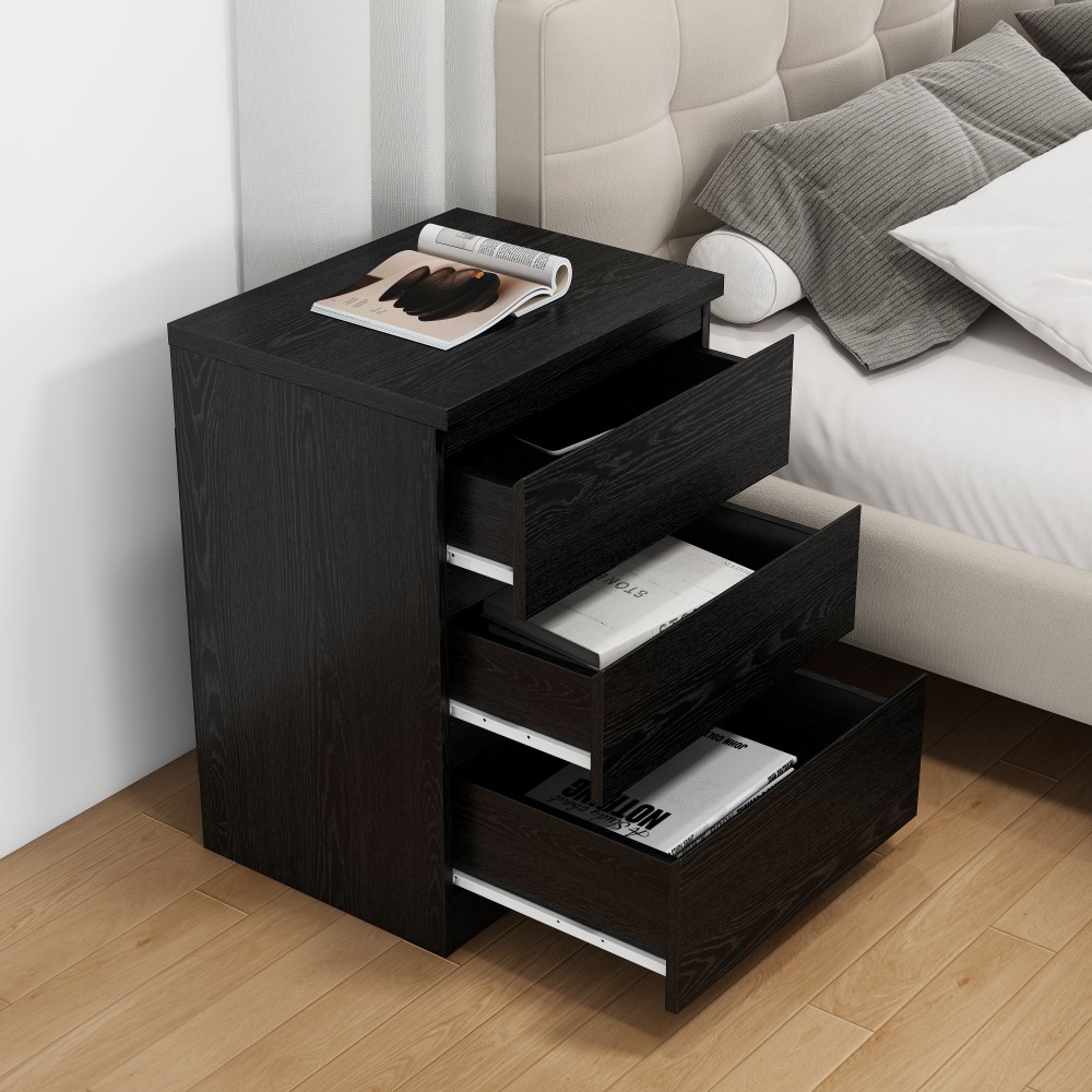 Modern Black Nightstand with 3 Drawers, Handle-Free Bedroom Dresser