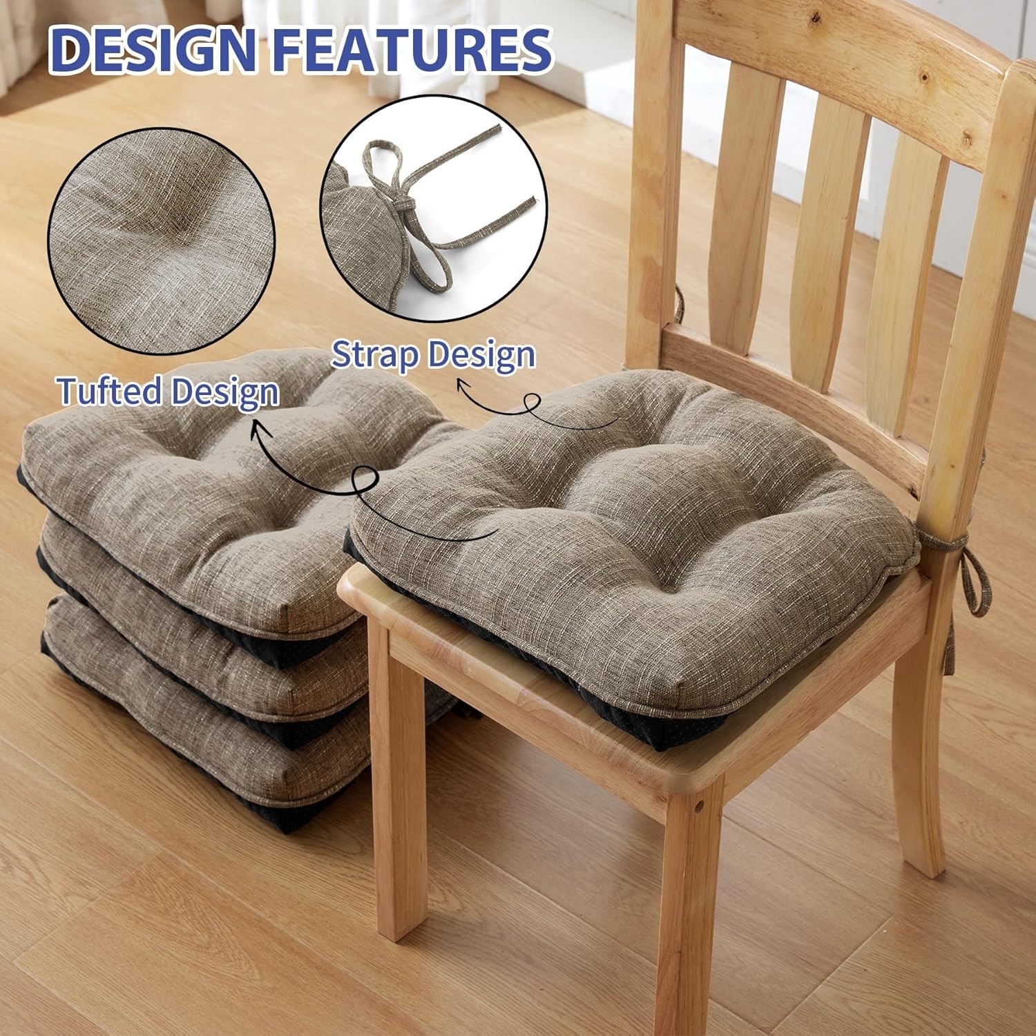 2-Pack Khaki Dining Chair Cushions - Ergonomic, Washable & Non-Slip Backing