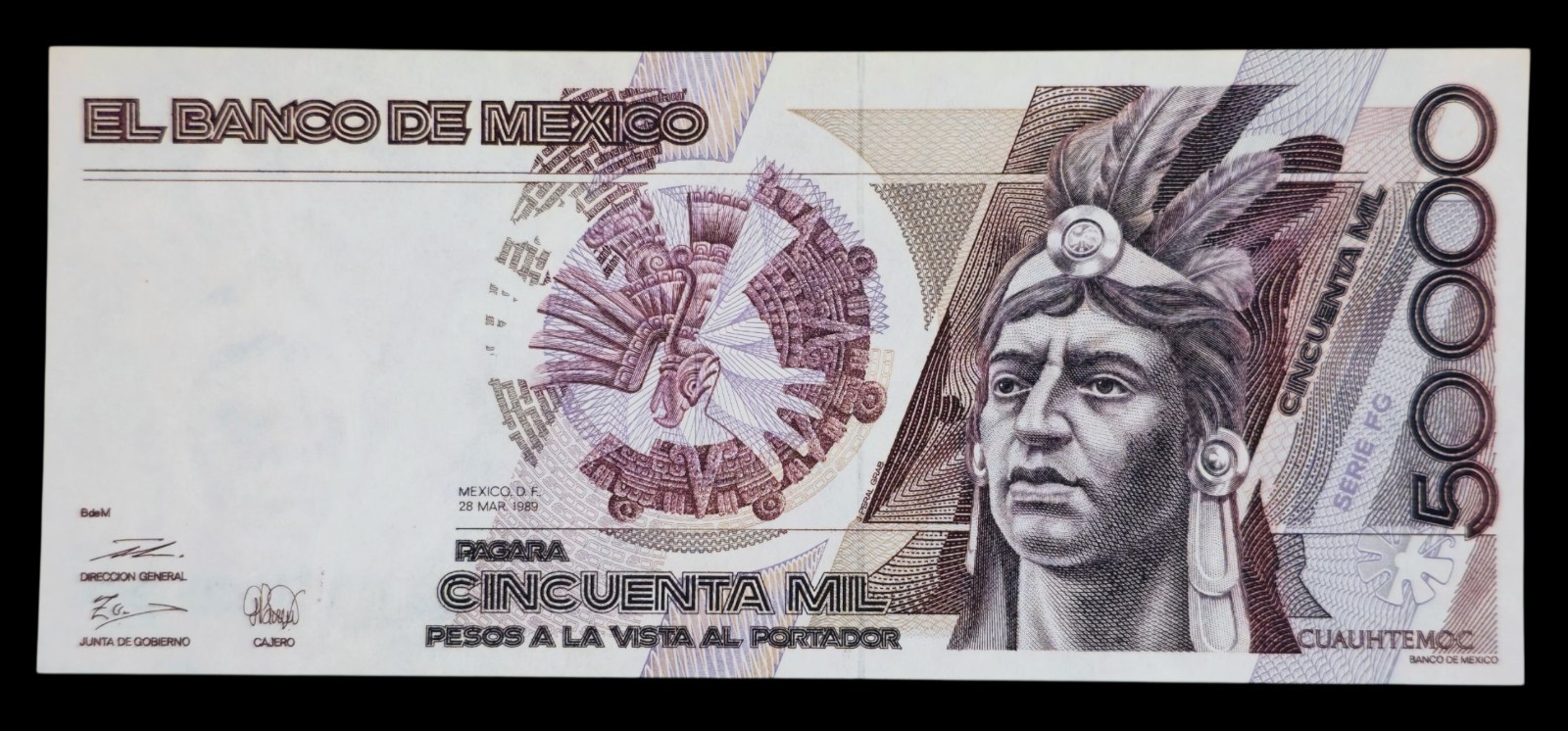 🇲🇽 1989 Mexico 50000 Pesos Banknote, Cuauhtémoc, Aztec Warrior, Serpent, Rare