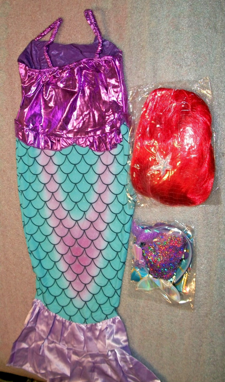 6pc Mermaid Costume Girls Size 7-8 w/Wig, Purse. Jewelry, Headband & Balloon