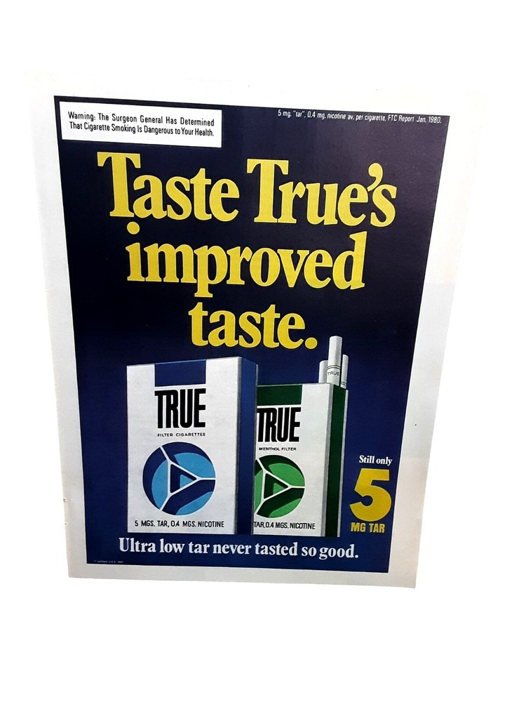 1981 True Cigarettes Ad – Vintage Low Tar Menthol Smoking Print Retro Decor