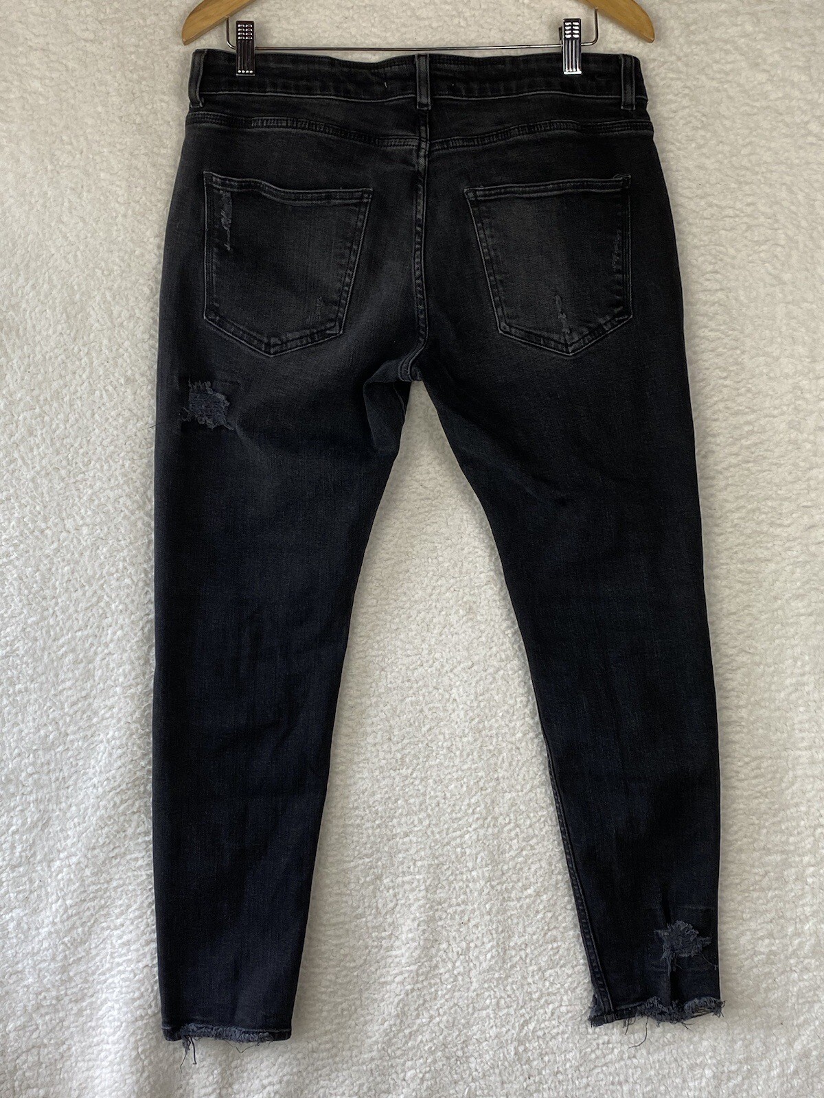 Zara Destressed Jeans Womens 34 Button Fly Cropped Black Skinny Raw Hem Mid Rise