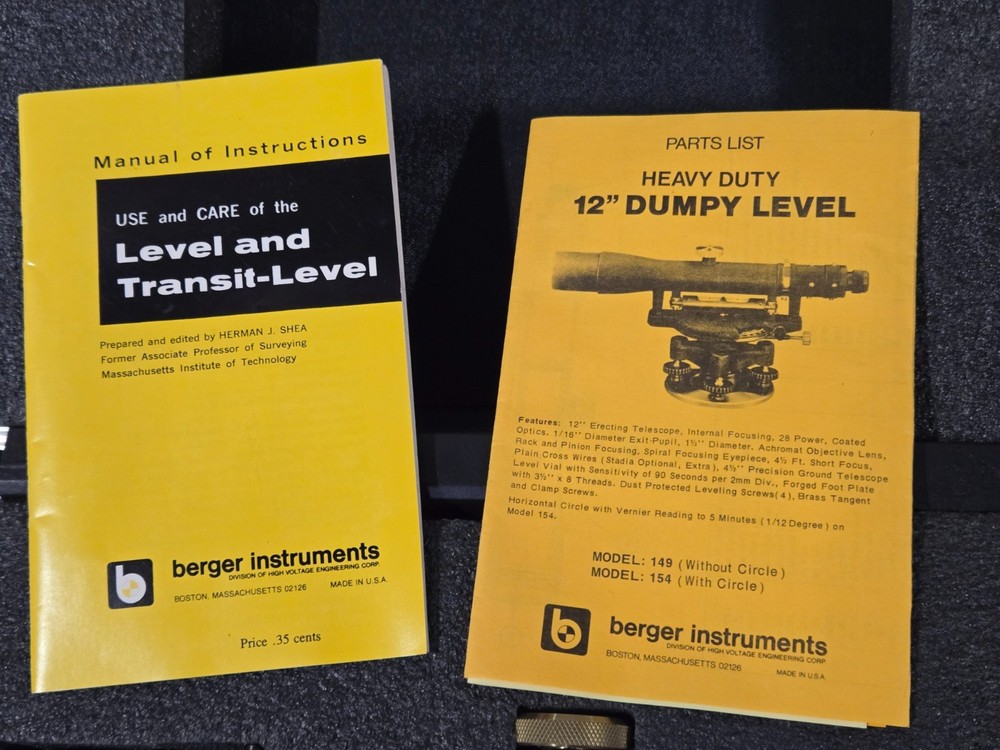 Berger Instruments Surveying Transit Level Model 154 12" Dumpy Level in Case
