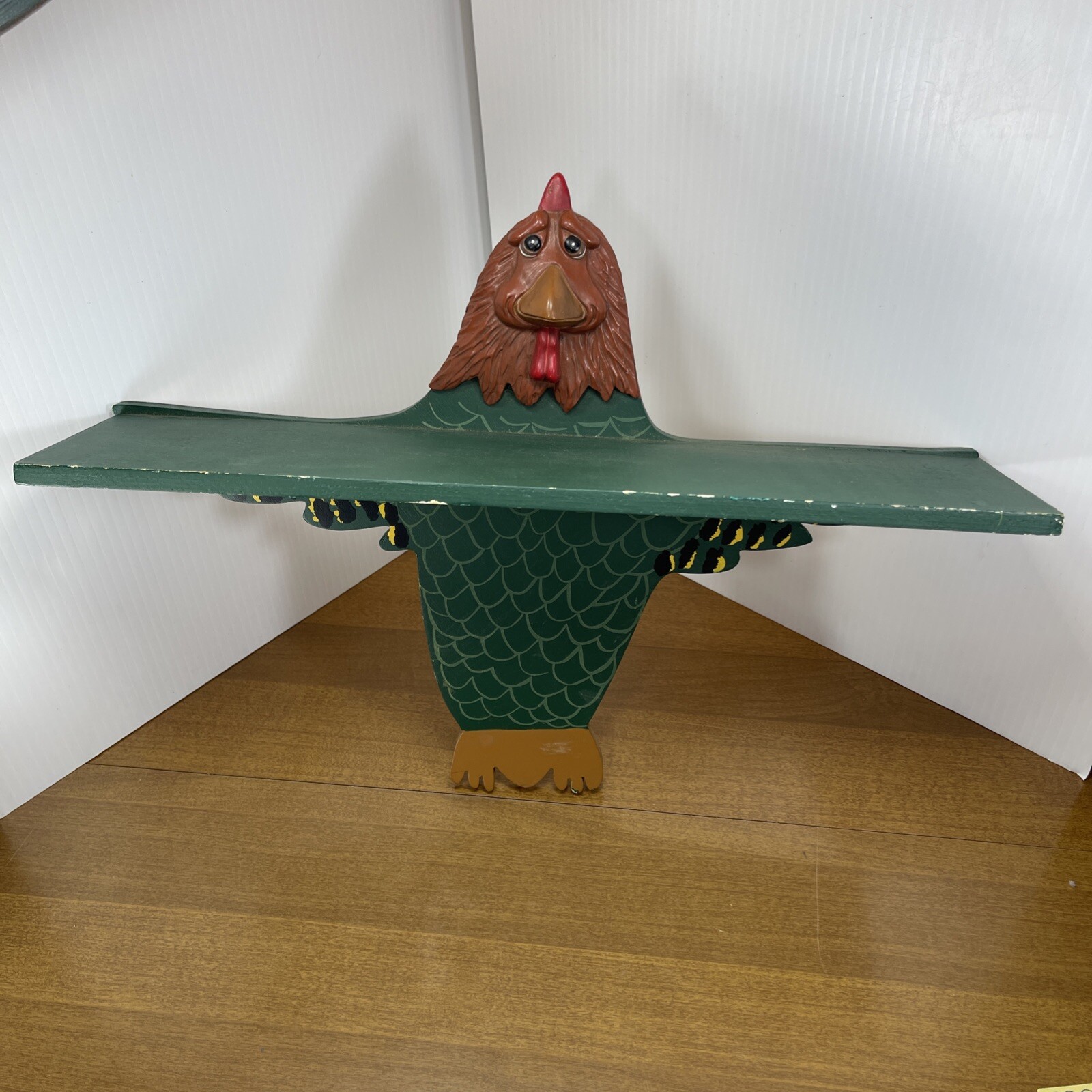 Hand Painted Hanging Shelf Vintage Green Rooster Chicken 1999 Country Folk Art