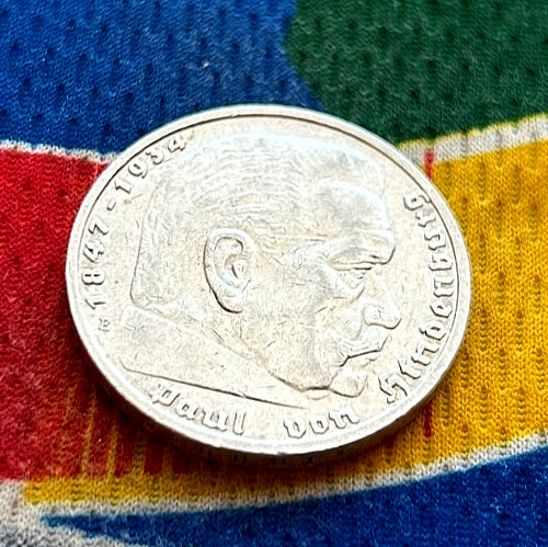 1936 E 5 Mark German WW2 Silver Coin Third Reich Reichsmark