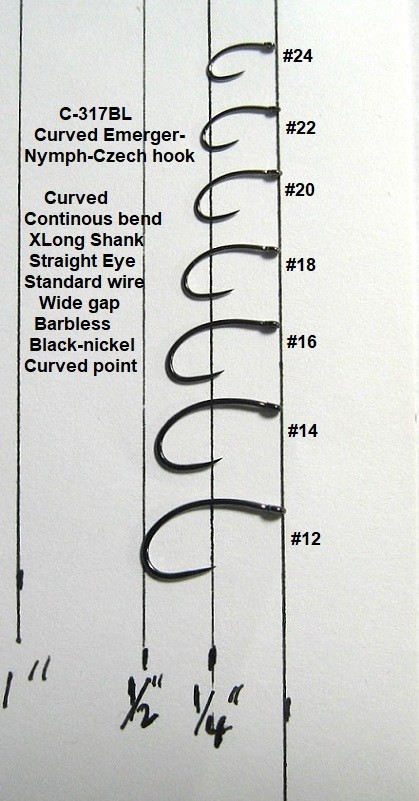 50 Curved Emerger/Nymph/Czech Hooks C-317BL Straight eye Barbless Black-Nickel