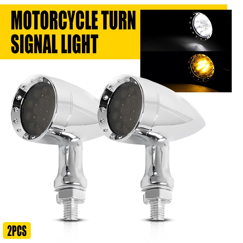 2x Chrome Bullet Motorcycle LED Front White+Amber Blinker Turn Signal Lights EOA