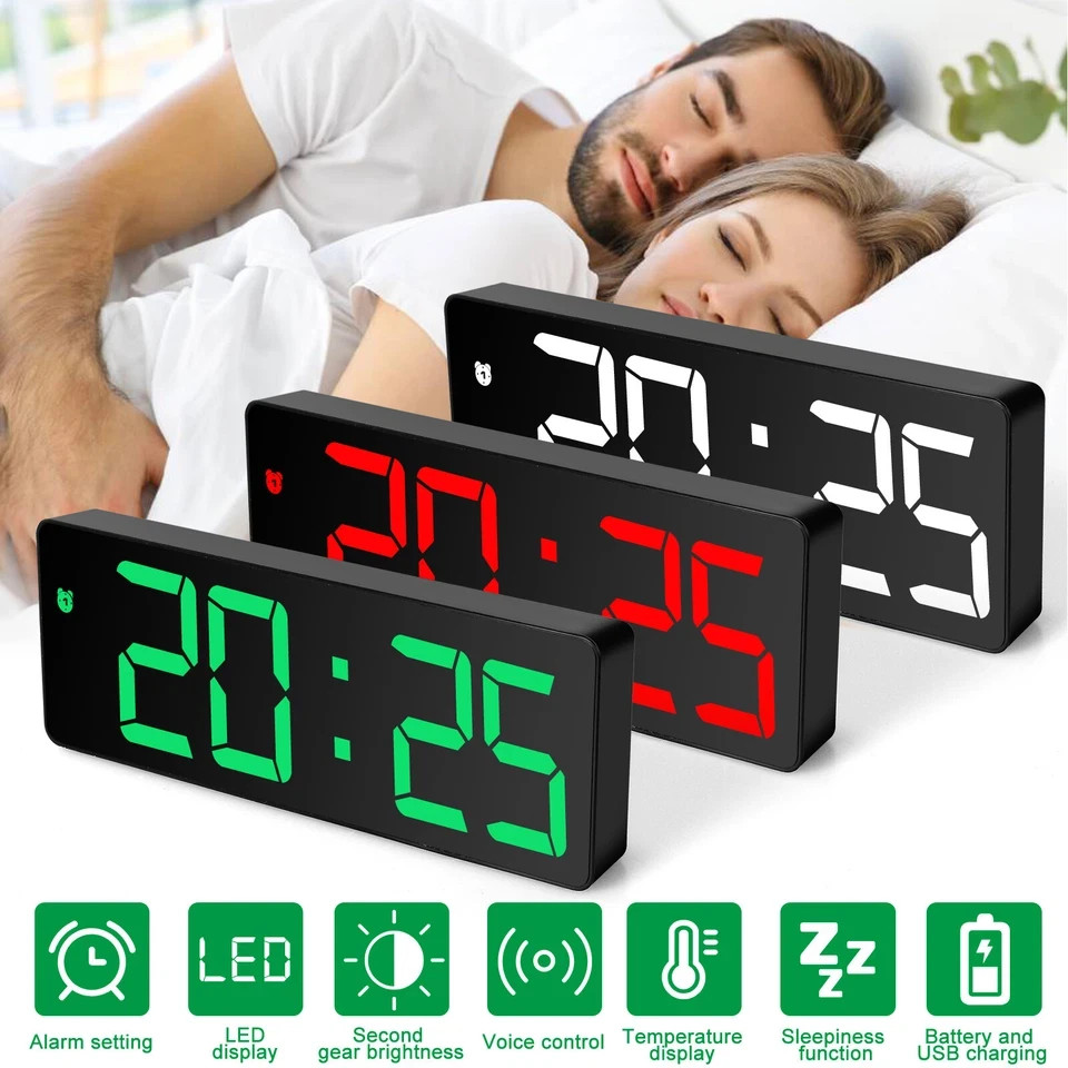 Digital LED Desk Alarm Clock Large Mirror Display USB Snooze Temperature Mode