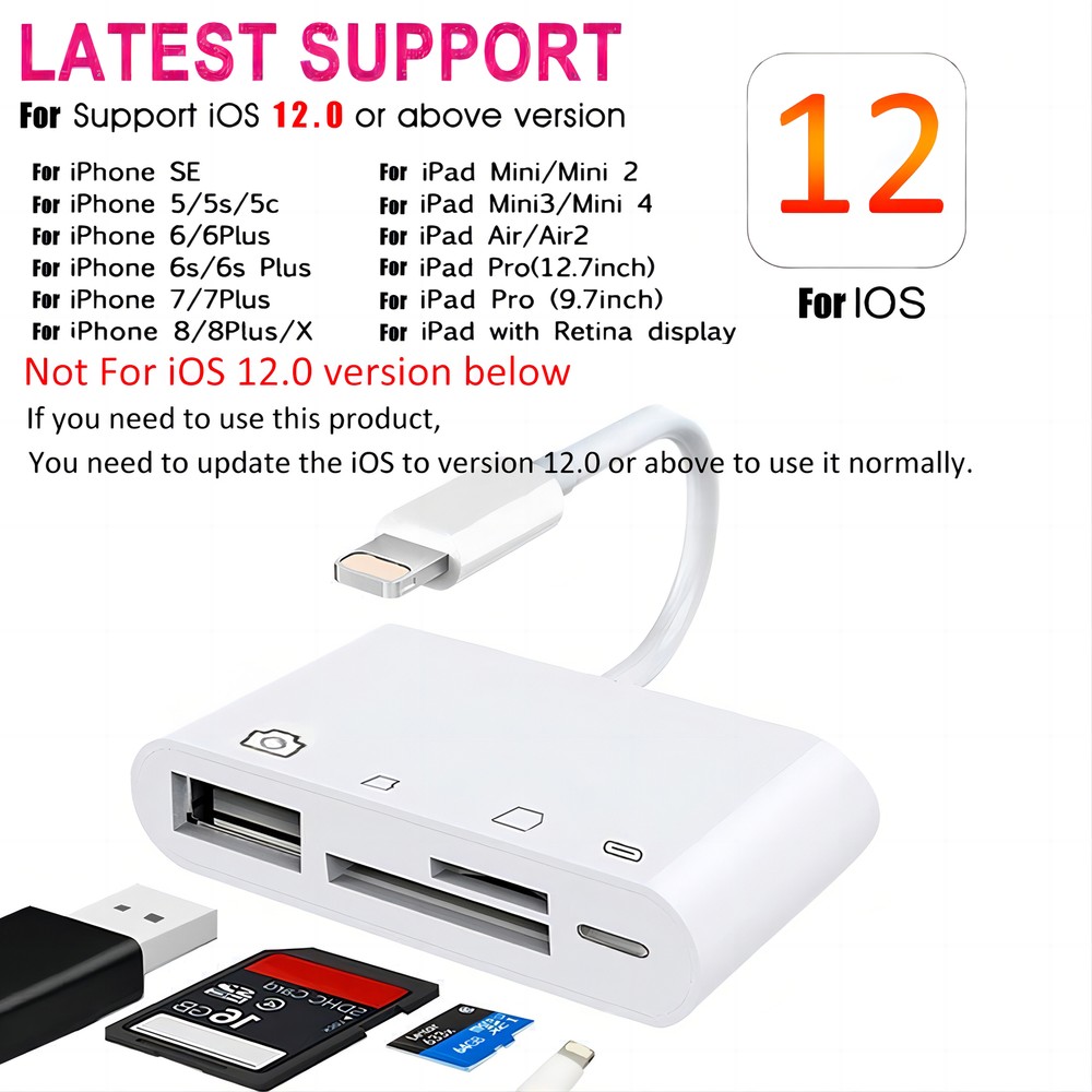 For iPhone iPod iPad IOS 12 Portable 4 in 1 USB SD TF Card Reader Camera Adapter