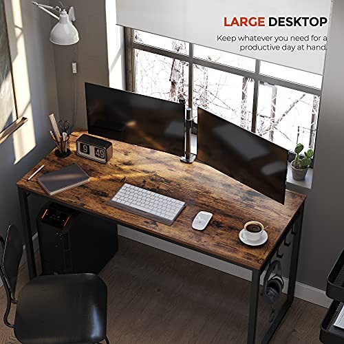 Computer Desk, Office Desk with 8 Hooks, for Study, 47.2-Inch Rustic Brown
