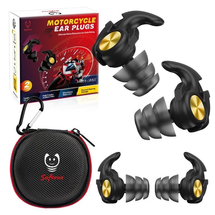 Motorcycle Ear Plugs - Wind Noise Reduction, Reusable, Comfy Triple Tips, 2 Size