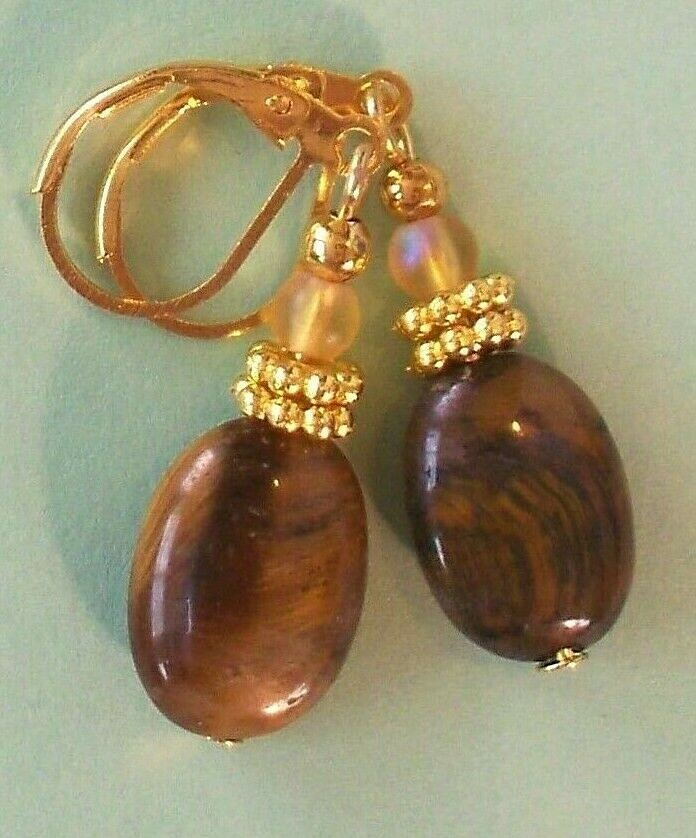 TIGER EYE oval frosted Crystal earring GP handcrafted LEVERBACK XX