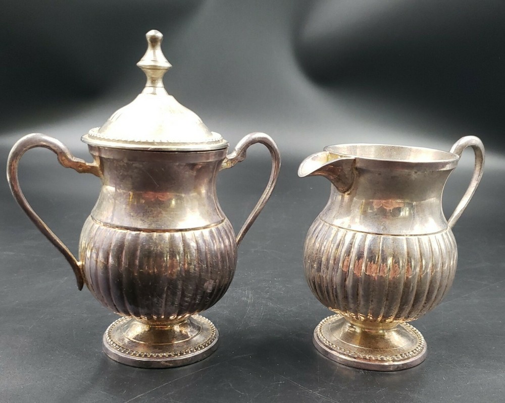 Quadruple Silver Plated Pedestal Cream & Sugar Set & Lid Vintage R.R.INT'L India