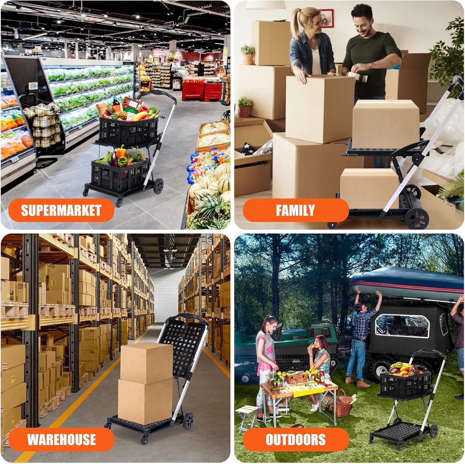 Folding Shopping Cart w/Wheels Collapsible Cart with Storage Crate 2-Layer Black