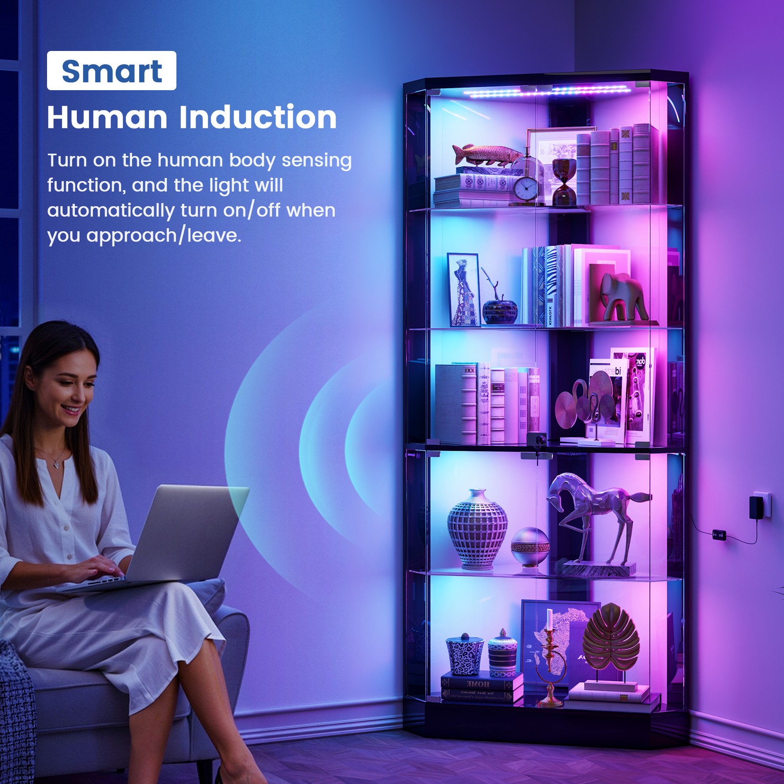 Black Curio Cabinets with RGB Lights, 69" Tall Display Cases for Collectibles