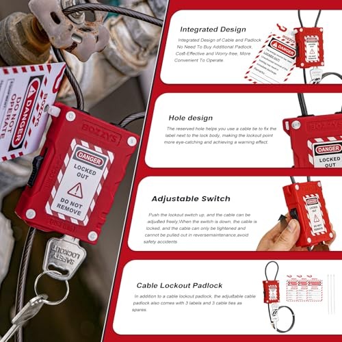 Adjustable Cable Locks with 2 Keys, 3-Pack Red Loto Safety Lockout