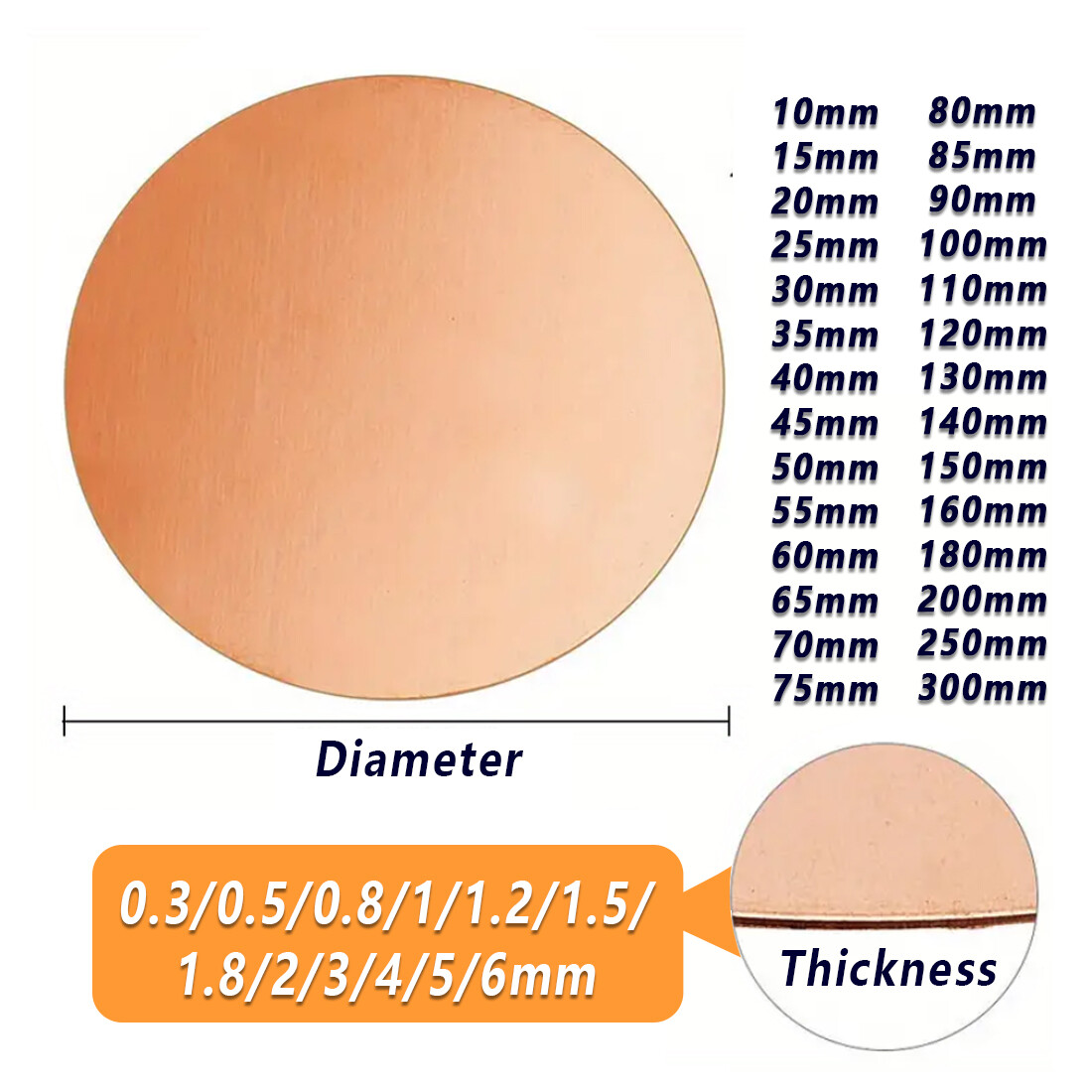 T2 Solids Pure Copper Discs Blanks Metal Round Sheets OD Ø10~300mm Thick 0.3~4mm