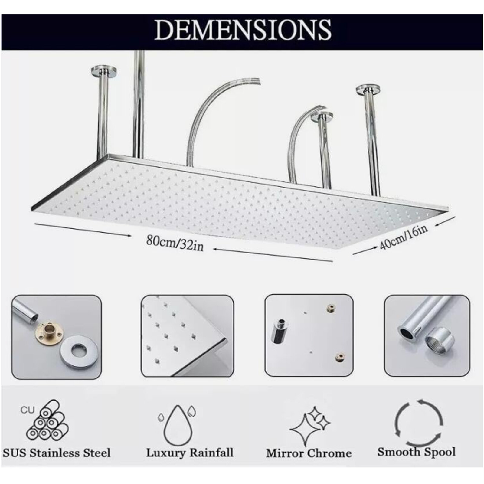 32x16" Large Rainfall High Pressure Luxury Shower Head Top Sprayer Ceiling Mount