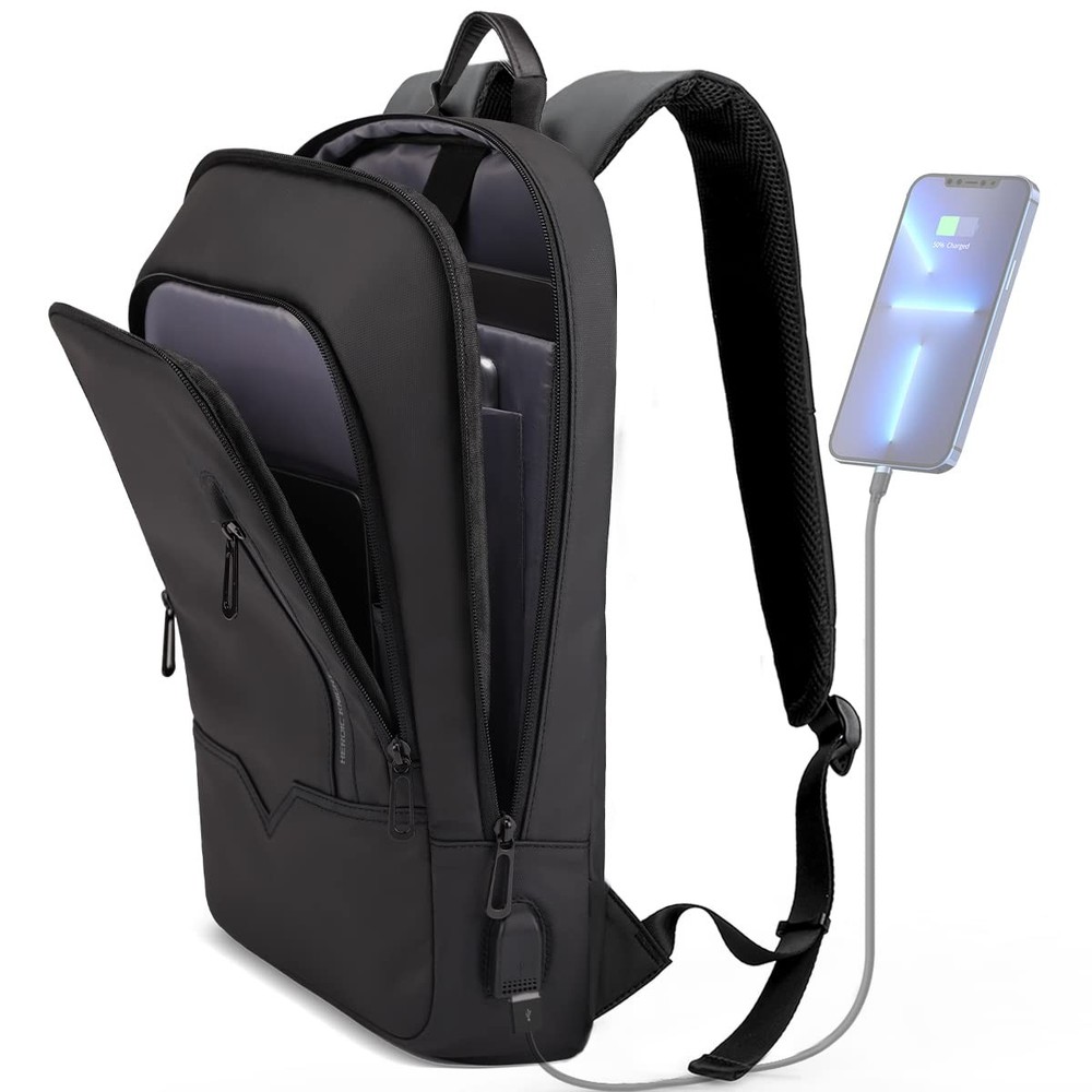 Backpack for Men Business Slim Backpack with USB Charger Computer Lightweight...
