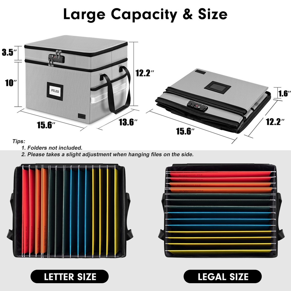 Fireproof Document Box with Lock, 2-Layer File Box Storage Organizer with 5 T...