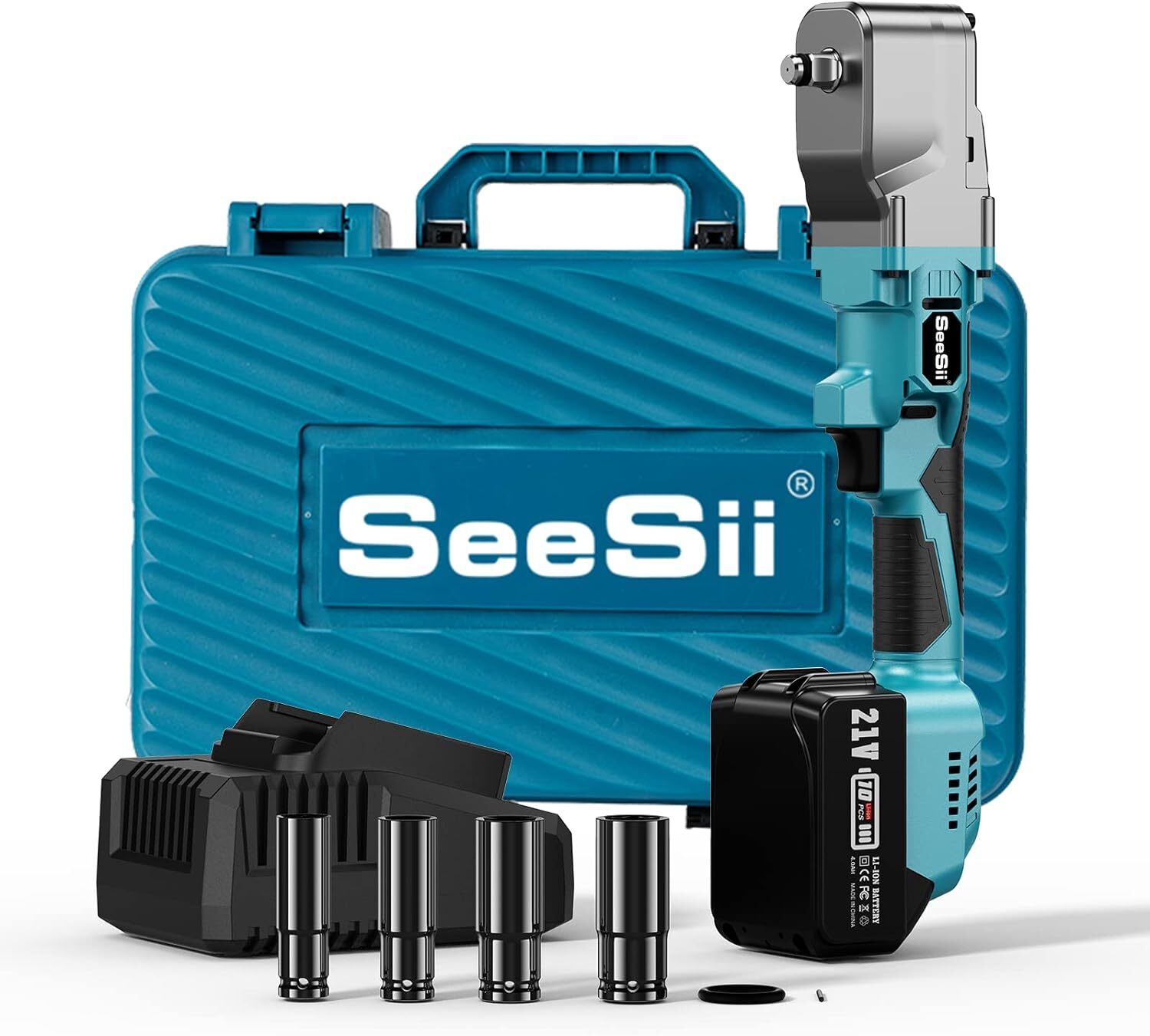 Seesii Cordless 1/2" Right Angle Impact Wrench Kit w/ 2*Batteries 220Ft-lbs tool