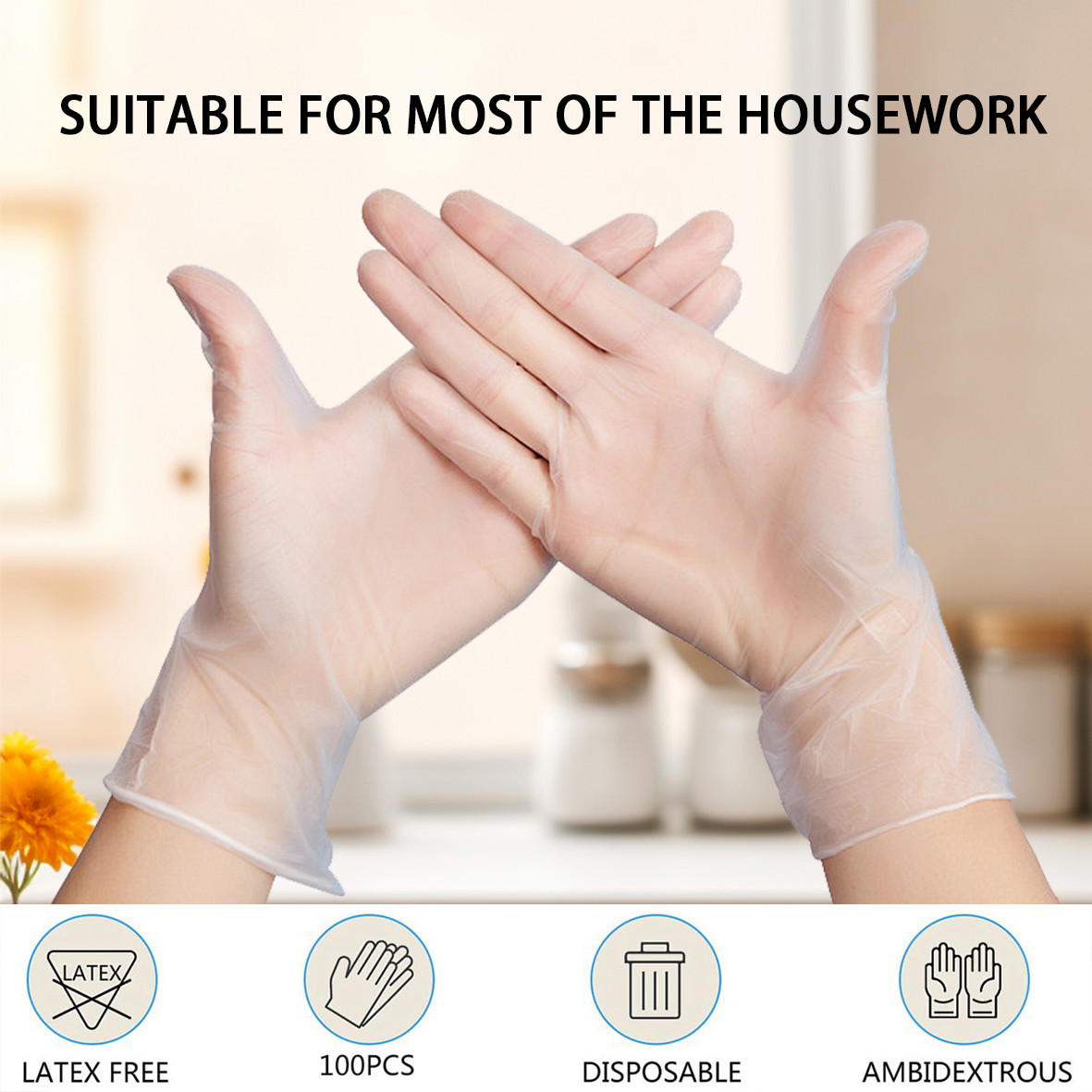 Disposable Vinyl Gloves, Food Safe, Latex-Free Powder-Free Clear Plastic Gloves