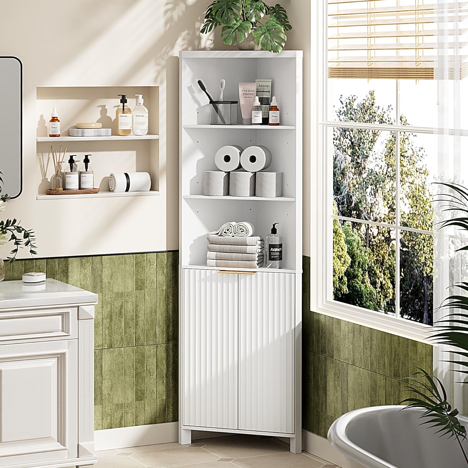 Tall Corner Cabinet with Fluted Doors, 68" White Corner Storage Cabinet