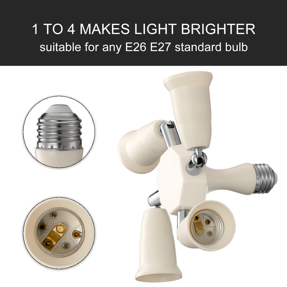 4 in 1 Light Socket Splitter Adapter, E26 E27 Standard Base LED Bulbs Converter