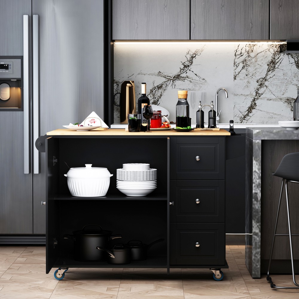 Modern Kitchen Rolling Trolley Table with Drop Leaf and Lockable Wheels, Black