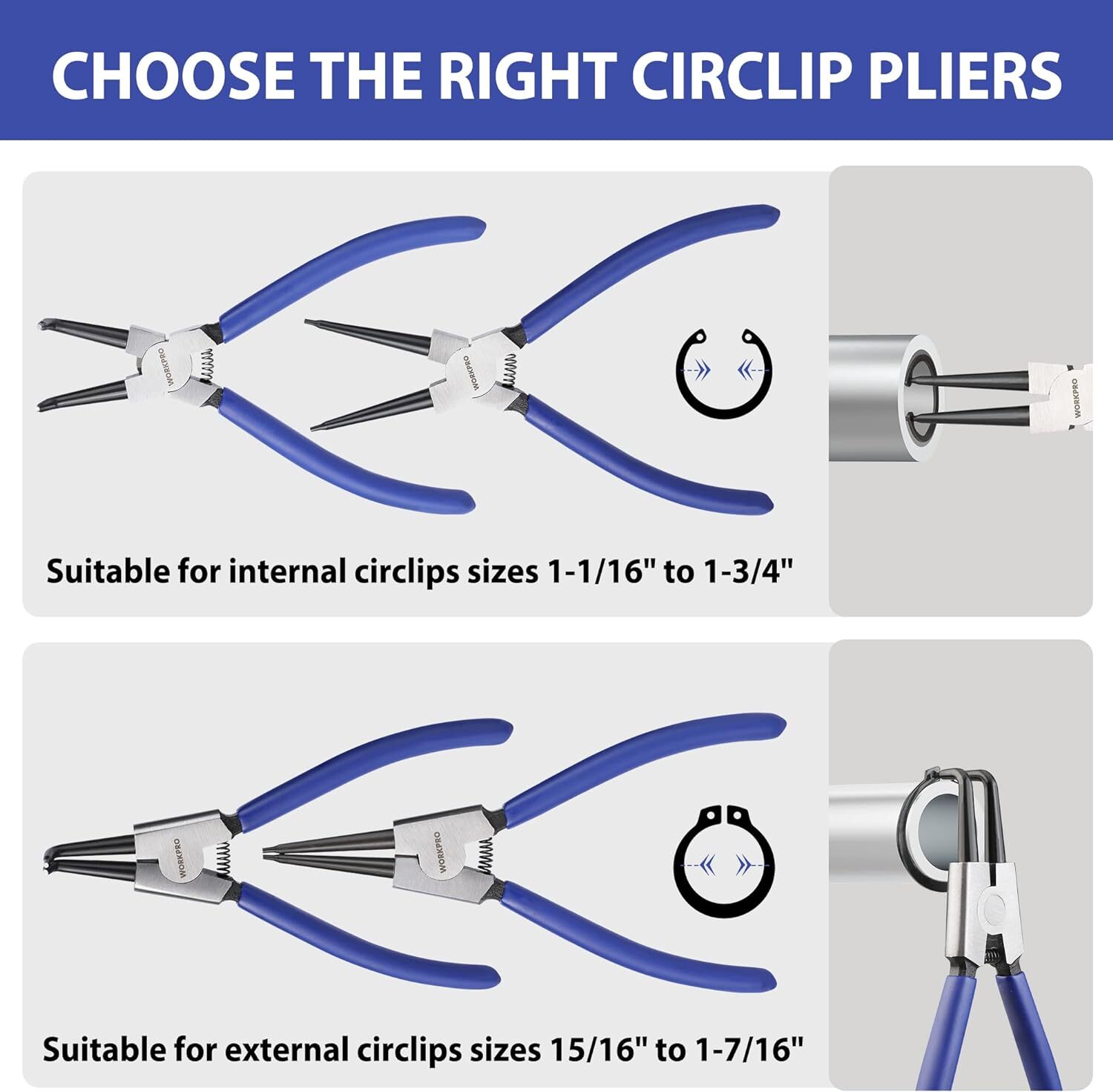 WORKPRO 4PCS Heavy Duty Snap Ring Pliers Set Included Cr-V Steel w/Storage Pouch