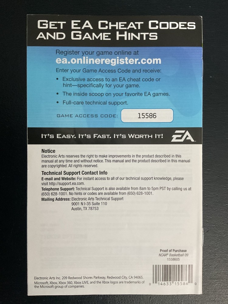 NCAA Basketball 09 Microsoft Xbox 360 Instruction Manual Only