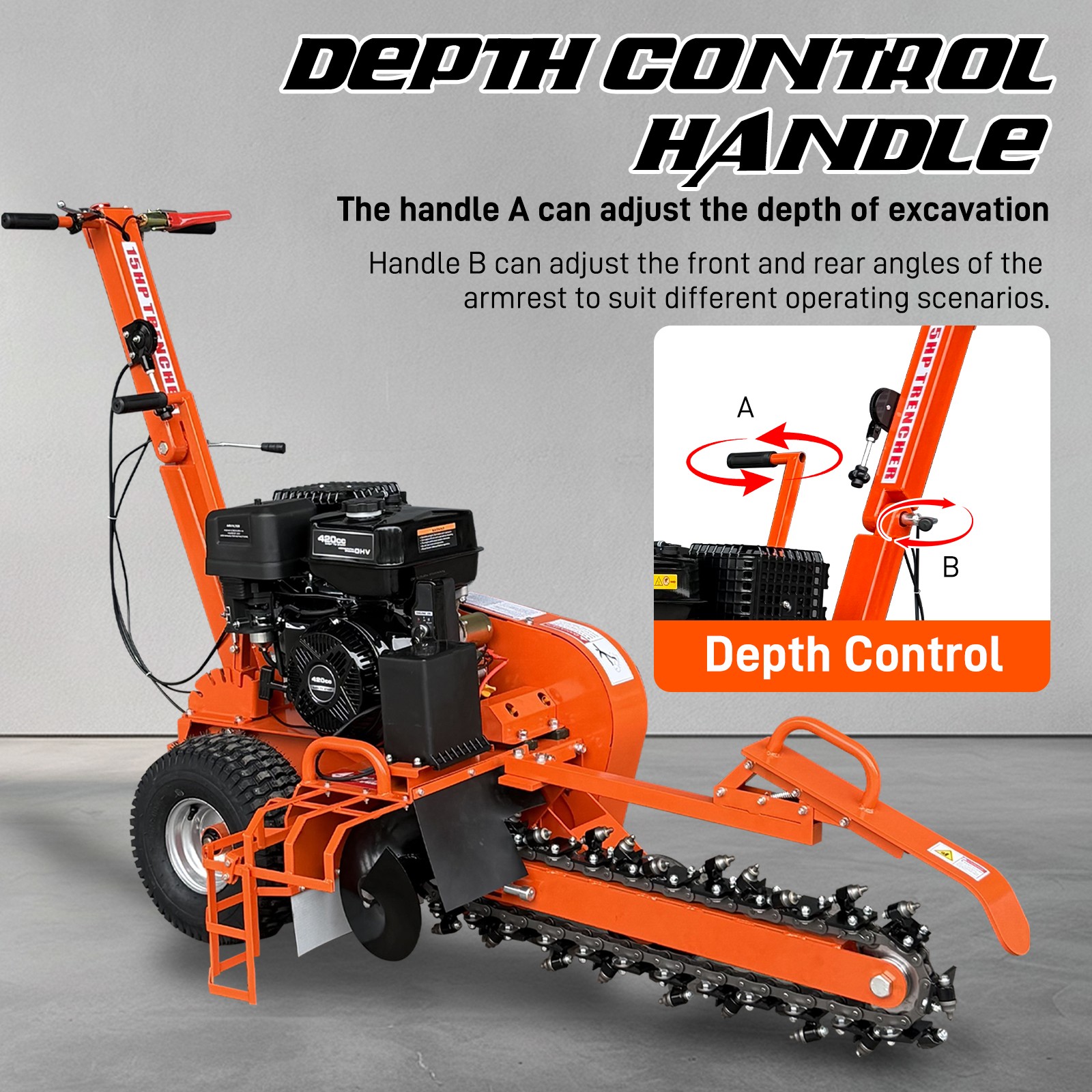 15HP E-Start Gas Powered Trencher, 420cc 24'' Trench Depth/4'' Trench Width