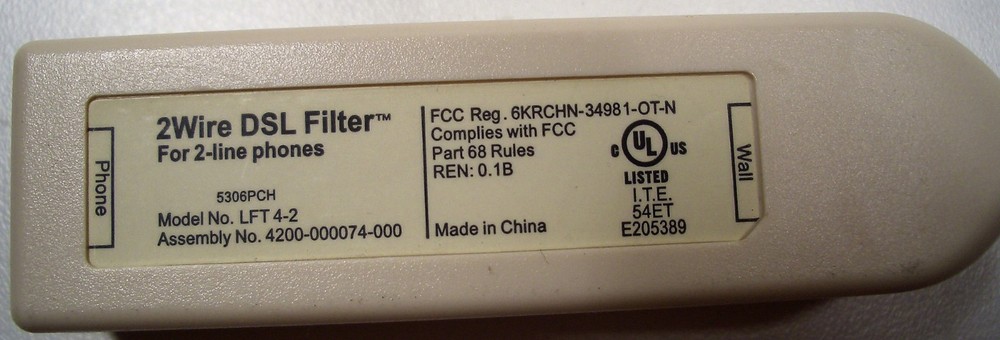 2WIRE DSL FILTER FOR 2 LINE PHONES MODEL:LFT 4-2 NEW