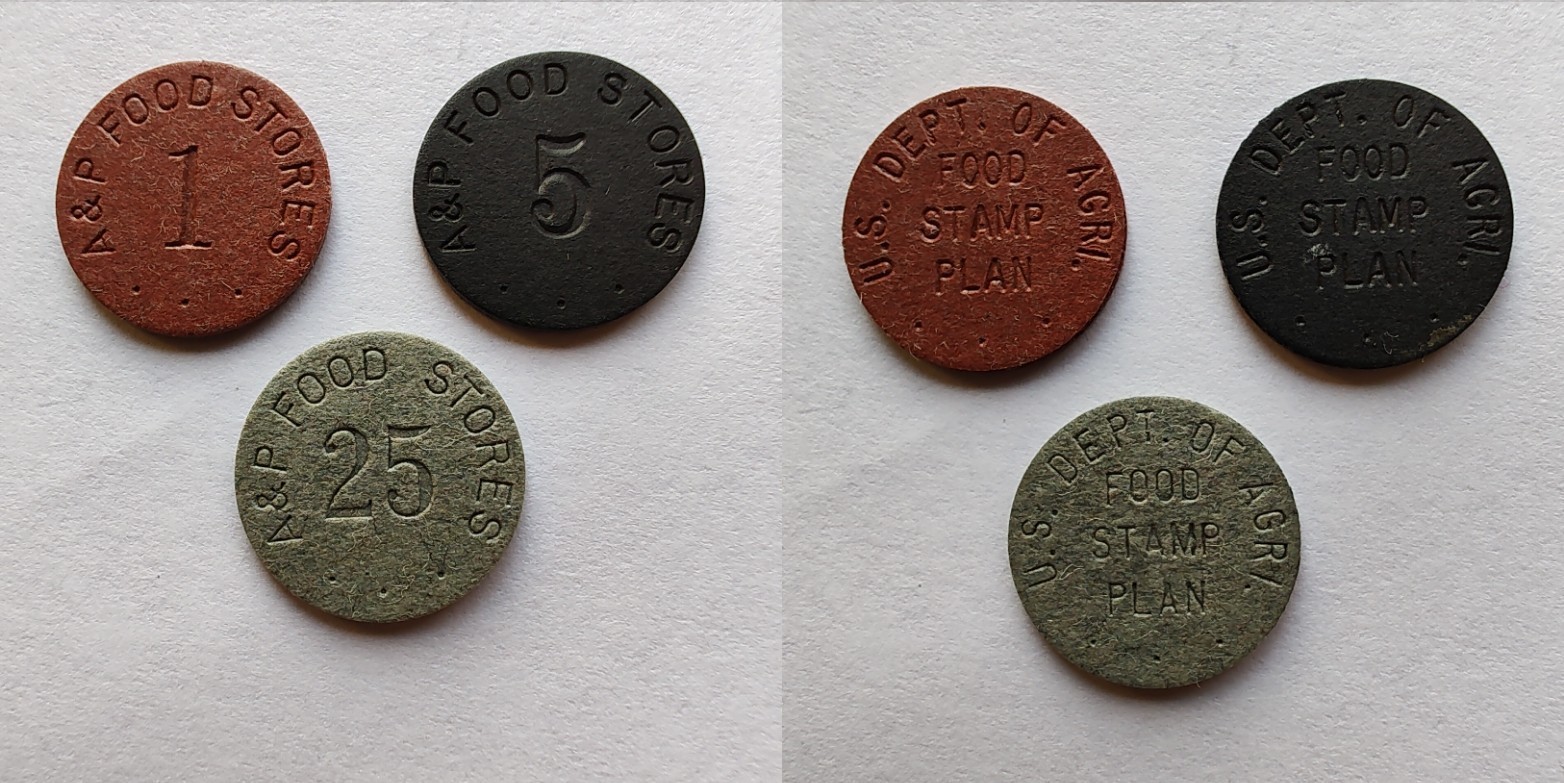 A & P Food Stores Set Of 3 Different Denomination USDA Fiber Food Stamp Token