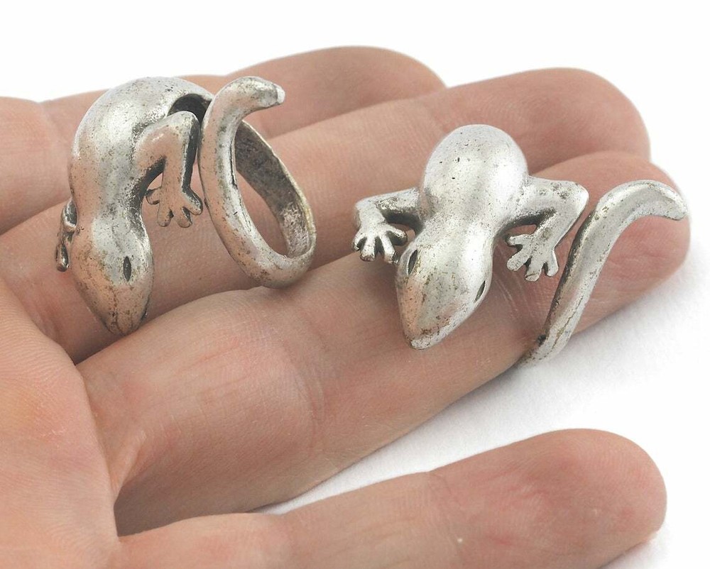 Lizard Animal Adjustable Ring Antique Silver Brass Animals Wild Statement 7.5US